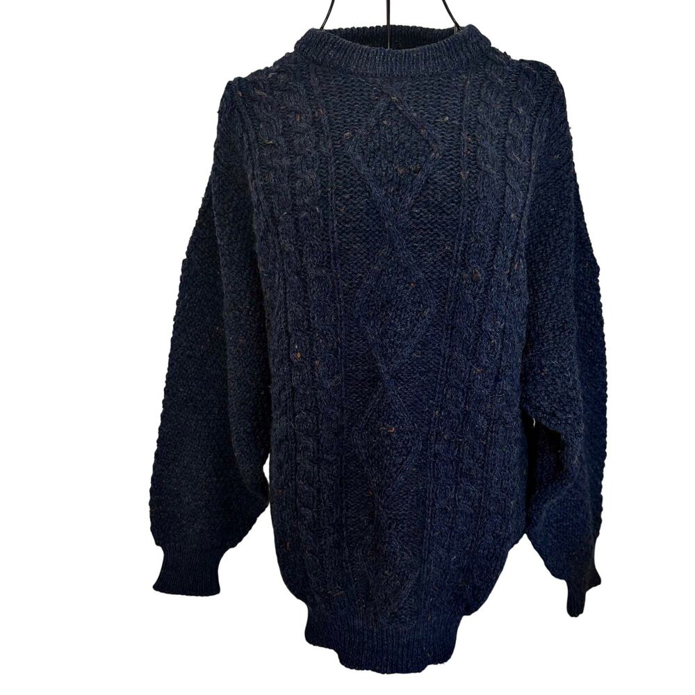 Vintage Western Island Ireland Blue Wool Fisherman Knit Pullover Sweater